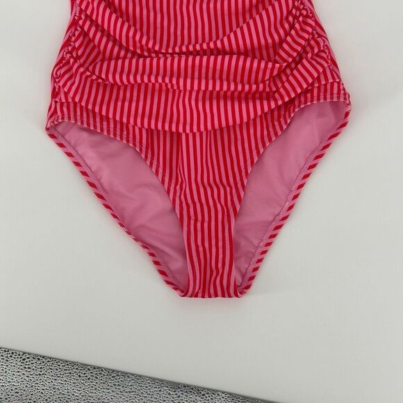 Ellen Tracy Pink Red Striped Swimsuit Size 10 One Piece Ruched Lined Padded - Picture 3 of 9